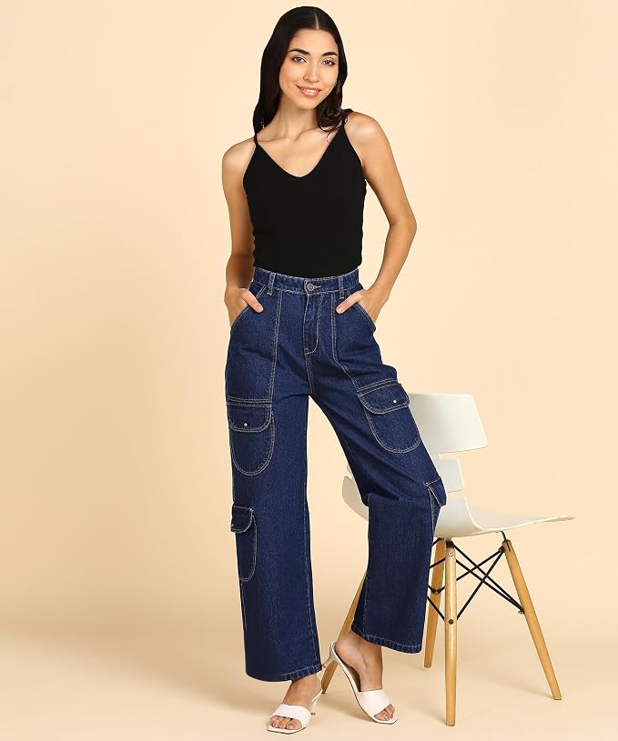 Glossia Fashion Women High Waist Baggy Wide Leg Straight Fit Cargo Jeans - Dark Blue, 28 view 2