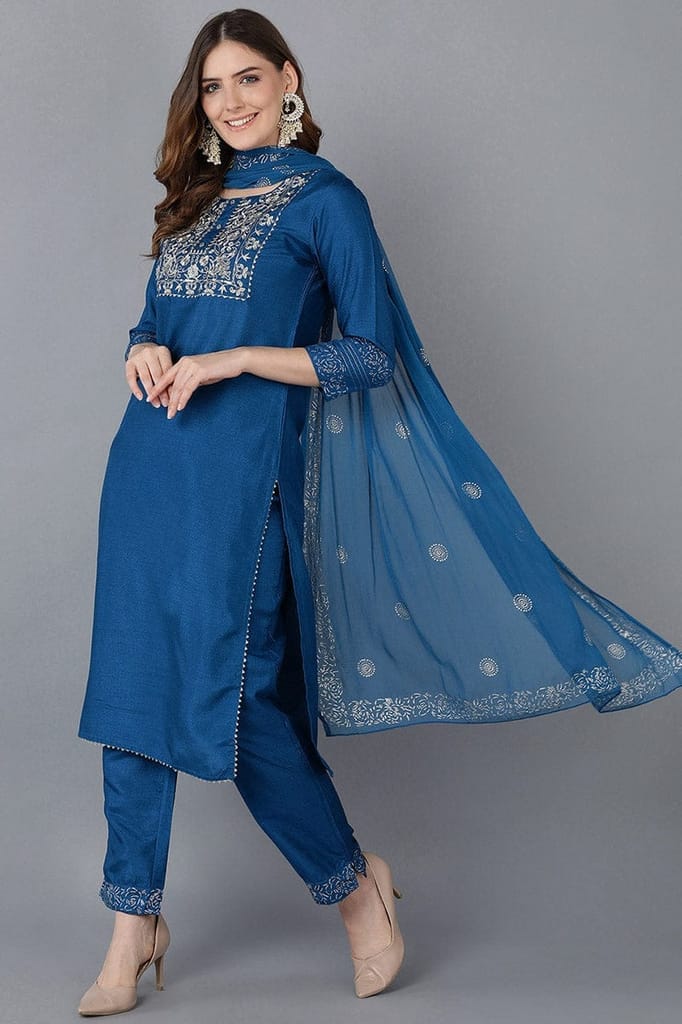 Women Blue Floral Yoke Design Regular Thread Work Kurta with Palazzos With Dupatta PKSKD1056