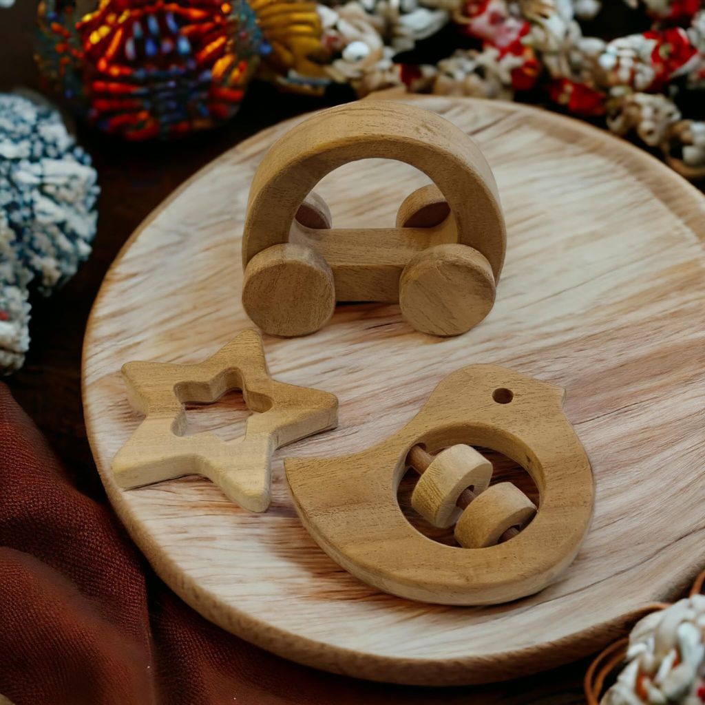 Neem Wooden BabyTeether-Rattle-Wheel Toy Set for Kids of Age 0-5 Years view 2