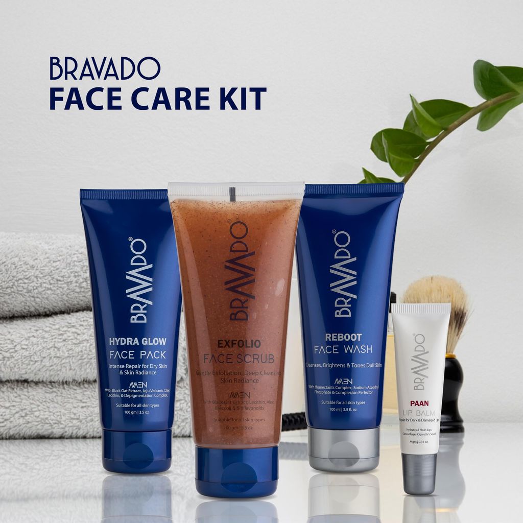 Bravado Personal Grooming 4 -In -1 Face Care Combo Kit - Pack contain - Reboot Facewash, Exfolio Face Scrub, Hydra Glow Face Pack, Lip Balm Paan -259g (Set of 4 Products) view 2