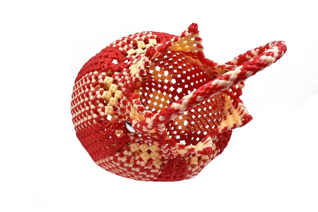 Red and White Handwoven Plastic Basket view 2