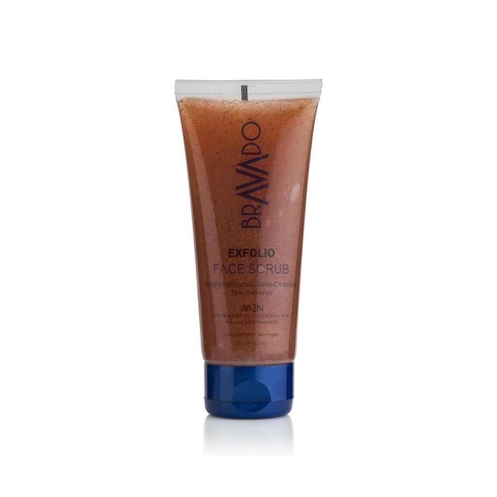 BRAVADO Exfolio Face Scrub - Gentle Deep Cleanse & Detox for All Skin Types | Fights Tan, Blackheads & Dullness | Hydrates & Brightens for a Youthful Glow | Perfect for Men & Acne-Prone Skin | 100g