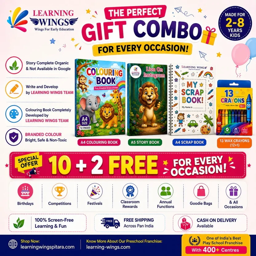 Creative Learning Gift Combo for Kids | Colouring Book + Story Book + Scrap Book + 13 Crayons | Best Return Gift 28 Yrs