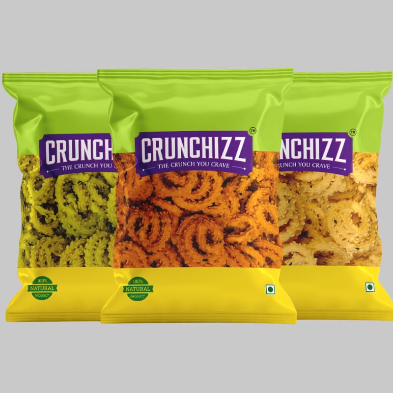 CRUNCHIZZ - 3 in 1 SPRING CHAKLI/MURUKKU COMBO I Spicy, Salty & Palak Flavors I Traditional South Indian Recipe I No Artificial Additives I Authentic & Crunchy I 200 Gram Each I Total 600 Grams