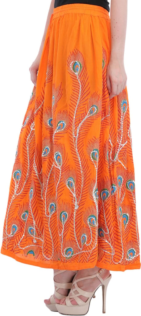 Nectarine-Orange Long Skirt with Printed Peacock Feather and Embroidered Sequins view 2