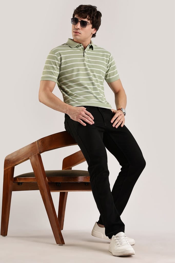 Pollycotton Light Green Striped Polo view 2