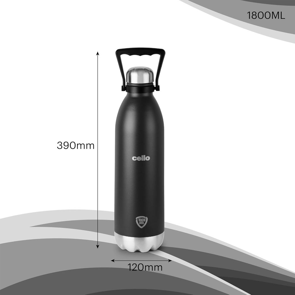 Cello Swift Thermosteel Water Bottle, 1800ml, Black | 24 Hours Hot & Cold | Scratch Resistant (DTP Coating) | Rust & Leak Proof | Ideal for Office, Gym, Home, Kitchen, Hiking, Trekking, Travel Bottle view 2