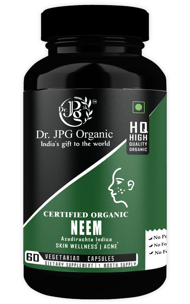 Dr JPG Organic Herbals Neem Capsules For Skin Wellness & Acine 500mg 60 Veg. Capsules | INDIA ORGANIC Certified