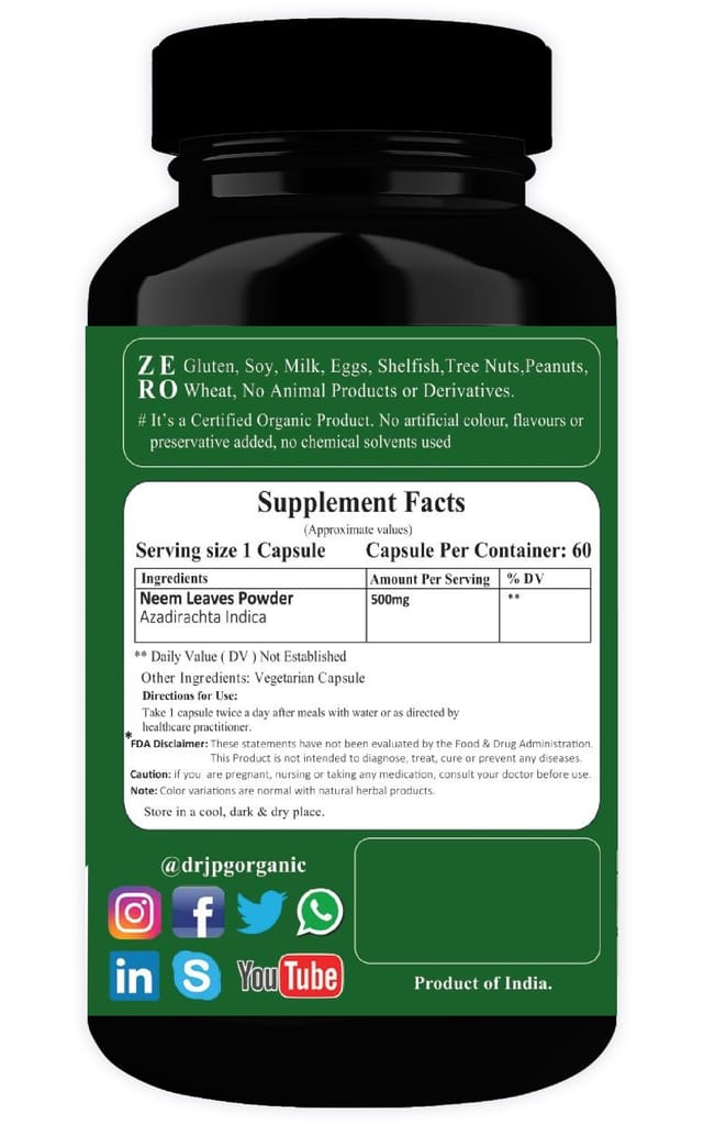 Dr JPG Organic Herbals Neem Capsules For Skin Wellness & Acine 500mg 60 Veg. Capsules | INDIA ORGANIC Certified view 2