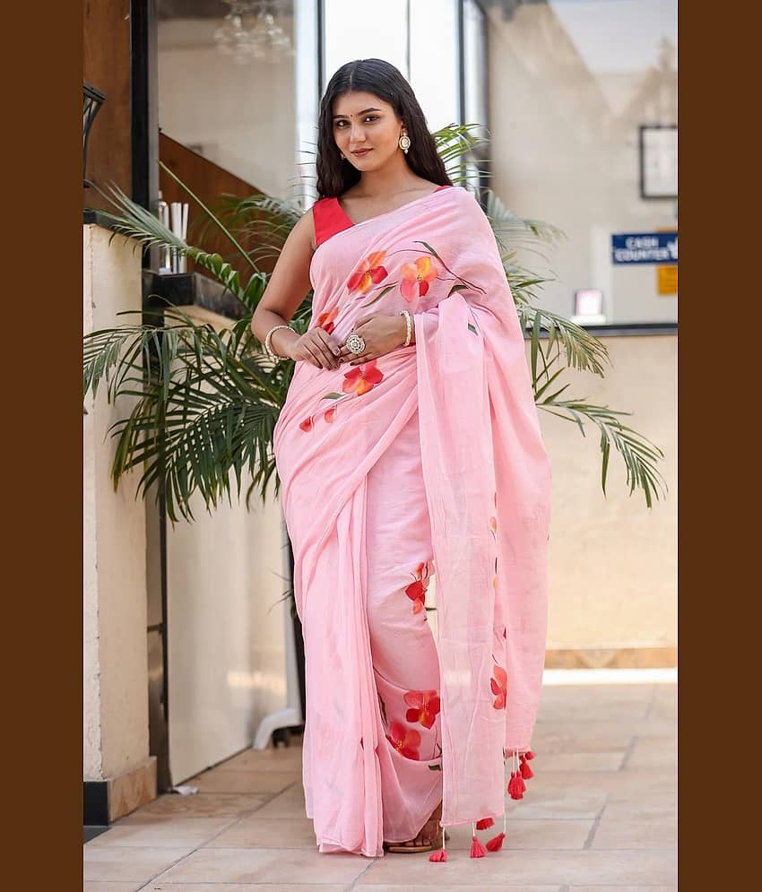 Villagius Cotton Blend Colorblock Regular Saree Without Blouse Piece ( Pink )