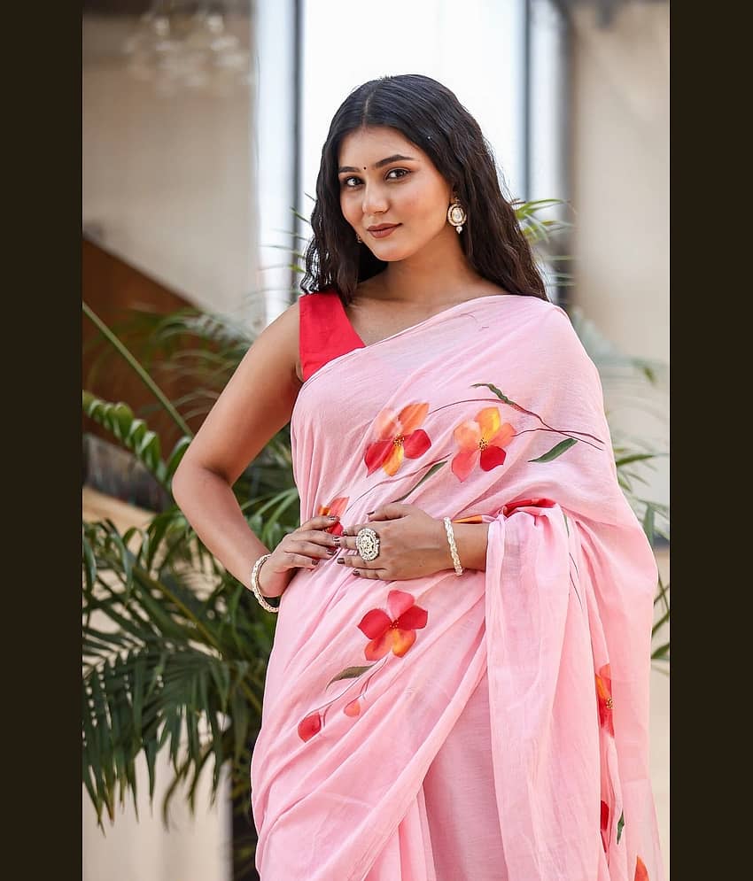 Villagius Cotton Blend Colorblock Regular Saree Without Blouse Piece ( Pink ) view 2