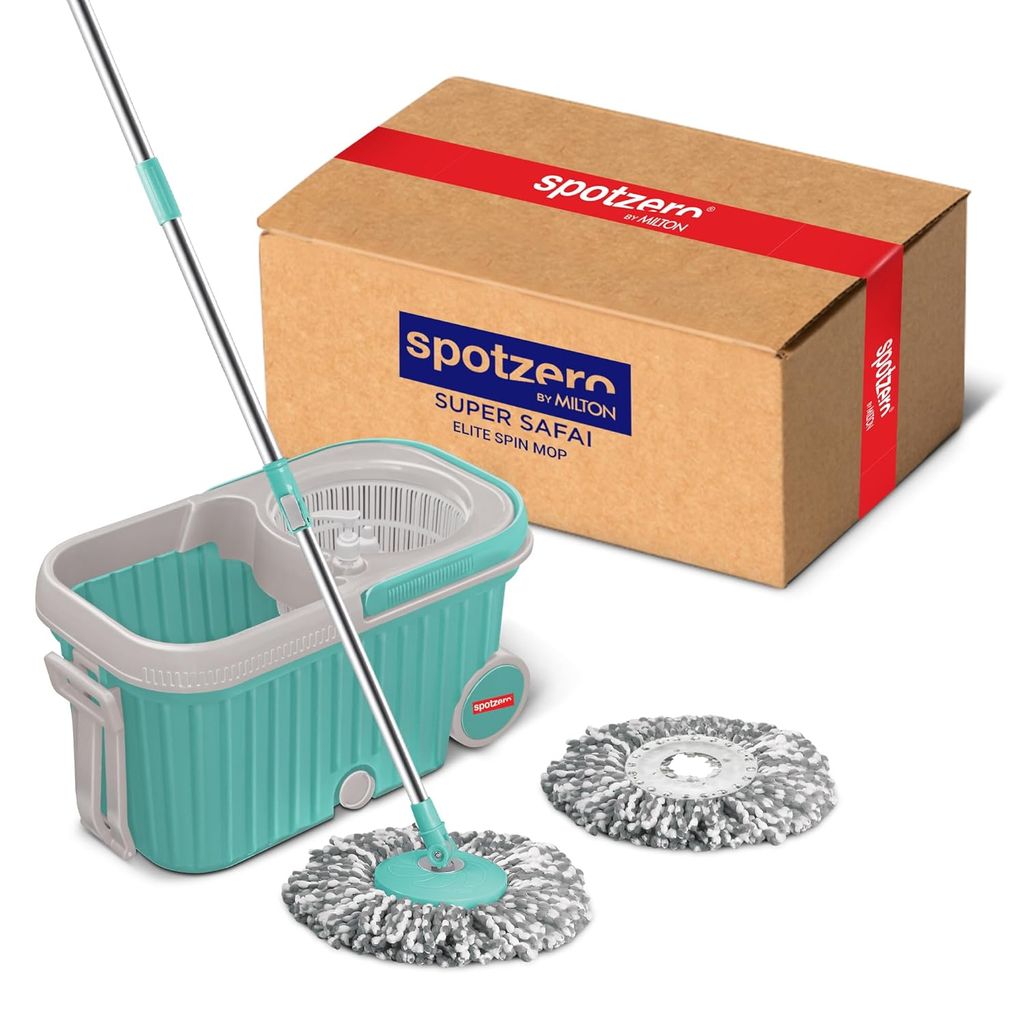 Spotzero by Milton Elite Spin Mop with Big Wheels, Puller Handle, Bucket Floor Cleaning and Mopping System 360° Flexible,2 Microfiber Refills, Big Size, Aqua Green view 2