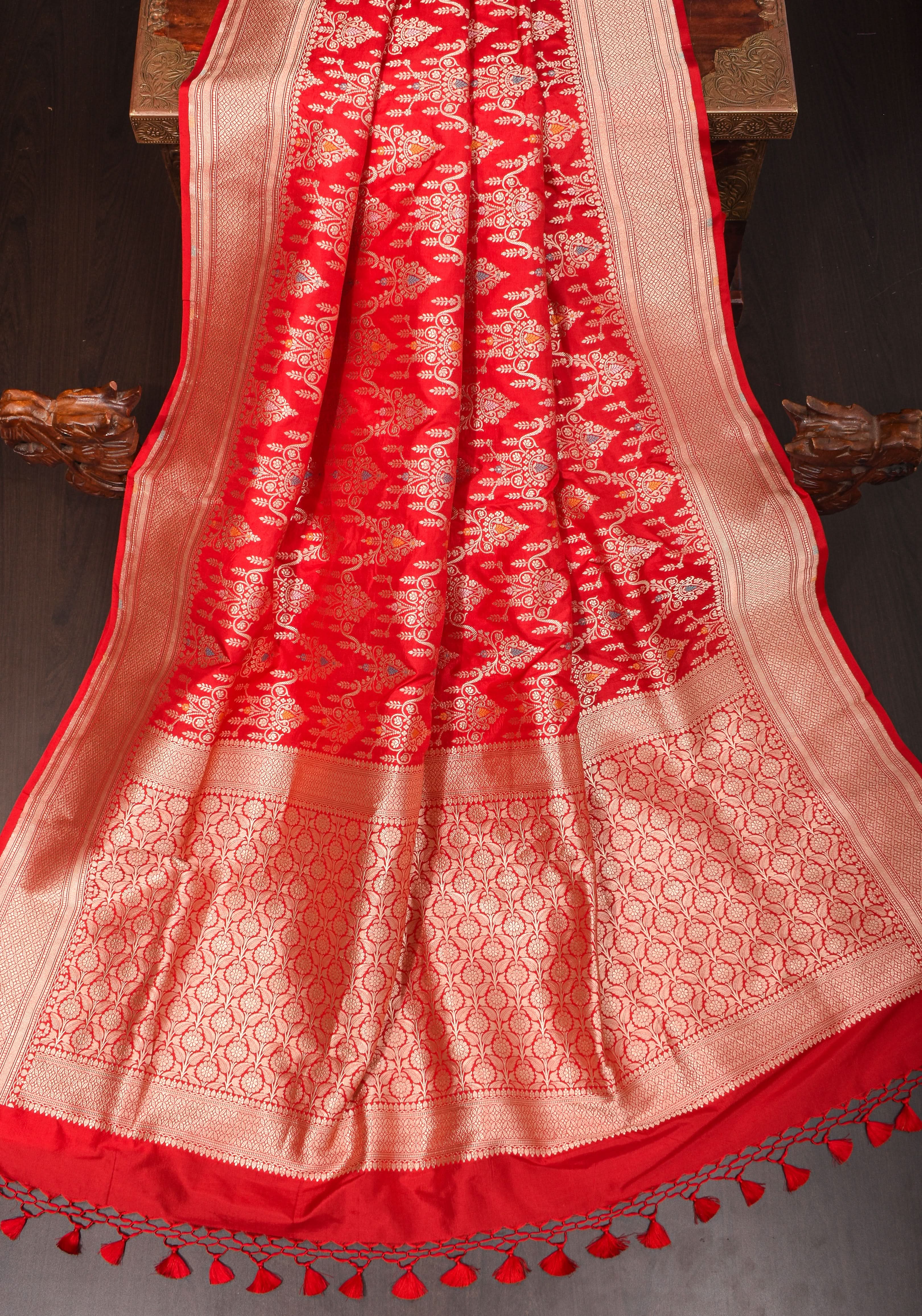 Vermillion Banarasi Meenakari Brocade Katan Silk Saree | SILK MARK CERTIFIED view 2