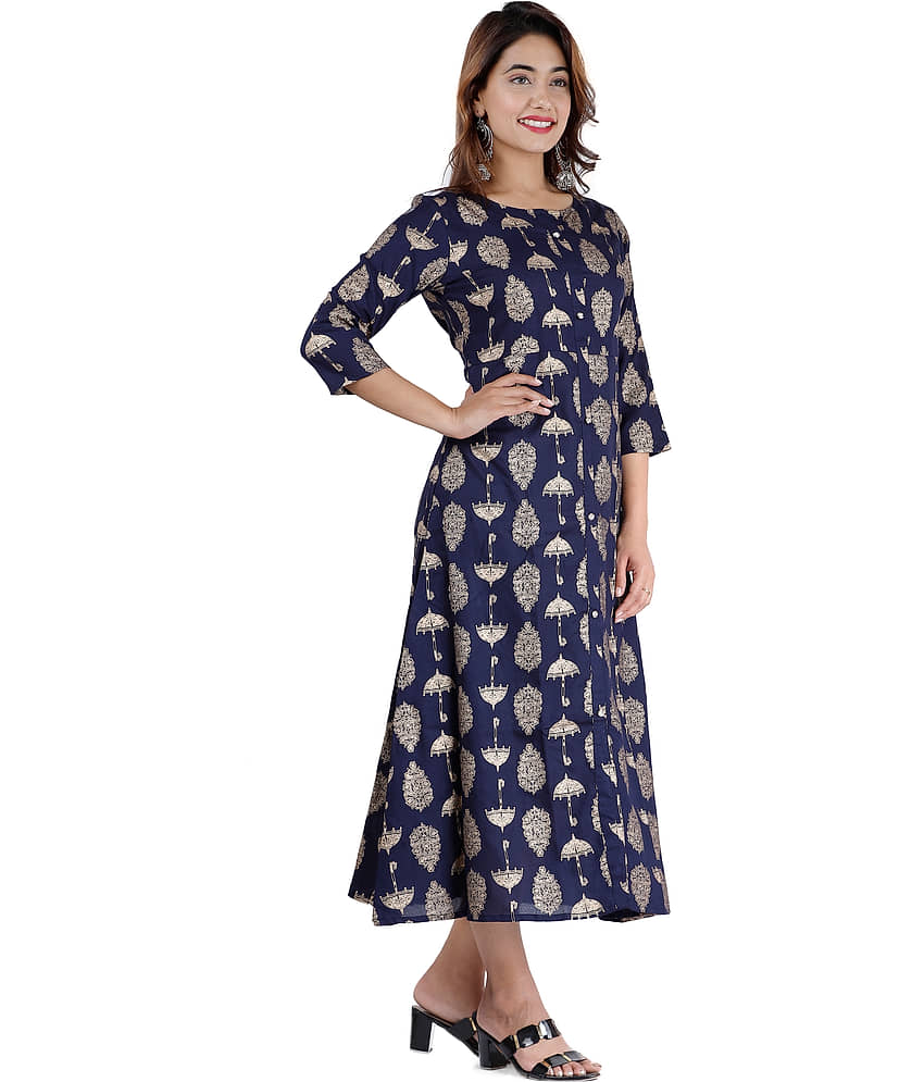 EXPORTHOUSE - Blue Rayon Women's Flared Kurti ( Pack of 1 ) view 2