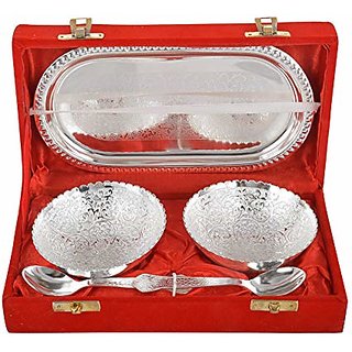 Brass silver plated bowl plate and spoon set view 2