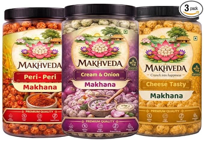 MAKHVEDA - Superfood Fire and Fun Combo Makhana Roasted Fox Nuts Popped Lotus Seeds Healthy Snack Low Calorie High Protein Gluten Free Crunchy & Delicious Flavours Peri Peri Cheese Cream & Onion Roasted In Olive Oil