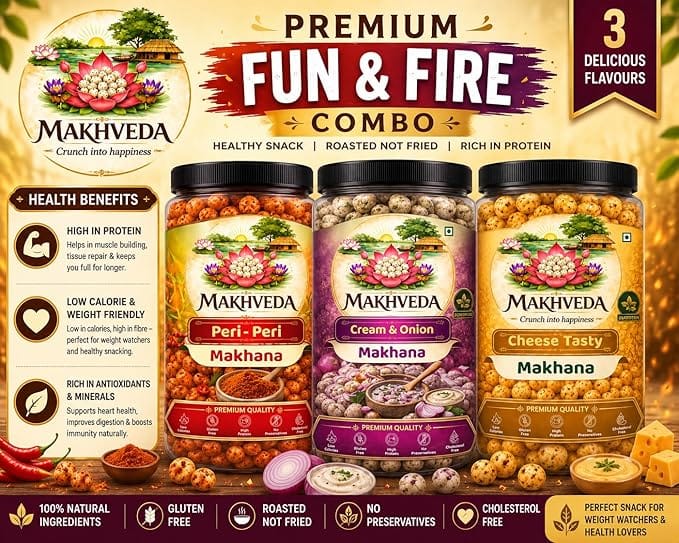 MAKHVEDA - Superfood Fire and Fun Combo Makhana Roasted Fox Nuts Popped Lotus Seeds Healthy Snack Low Calorie High Protein Gluten Free Crunchy & Delicious Flavours Peri Peri Cheese Cream & Onion Roasted In Olive Oil view 2