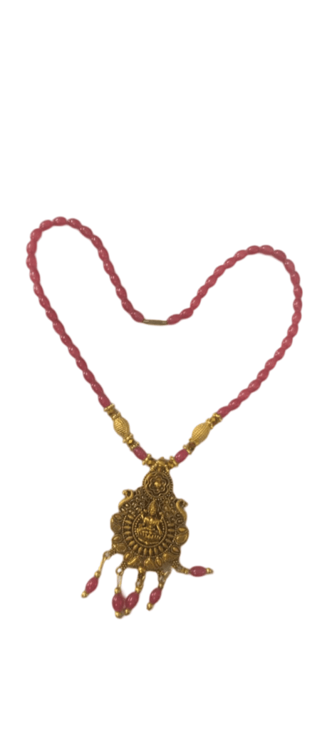 oxidized gold pendant necklace with pink beads view 2