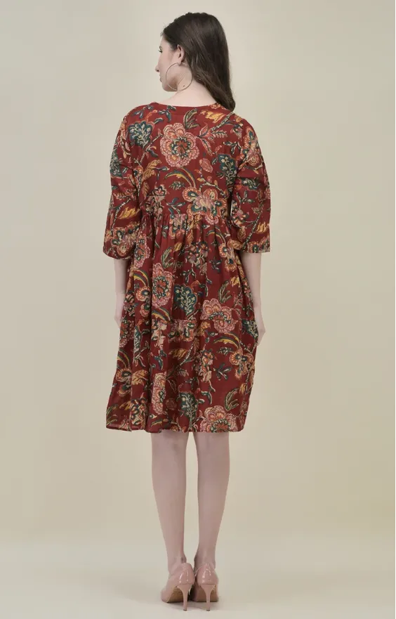Bahar Maroon Floral Frill Dress view 2