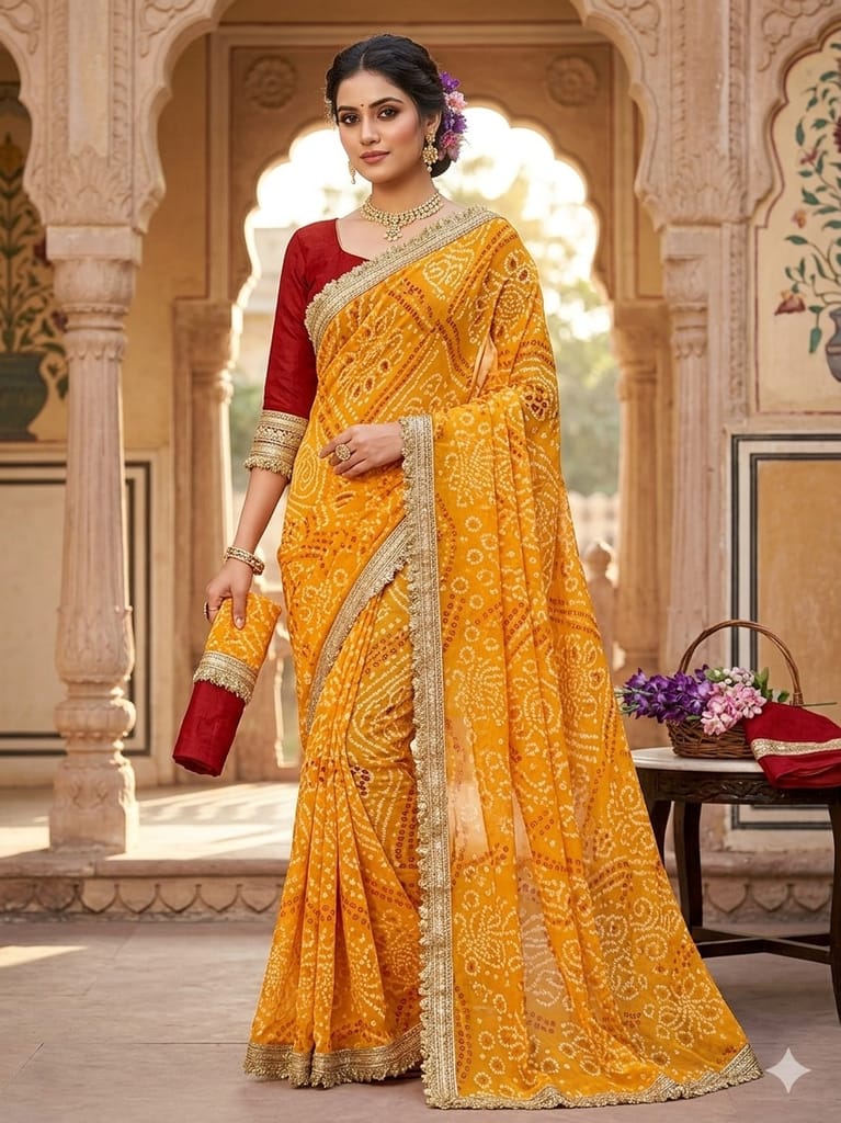 Kavya Bandhani Printed Saree with Fancy Lace Border and Art Silk Blouse