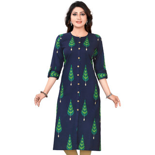 Urban Krowd Women Printed Khadi Cotton Straight Kurta (Dark Blue, Green)