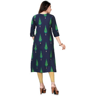 Urban Krowd Women Printed Khadi Cotton Straight Kurta (Dark Blue, Green) view 2