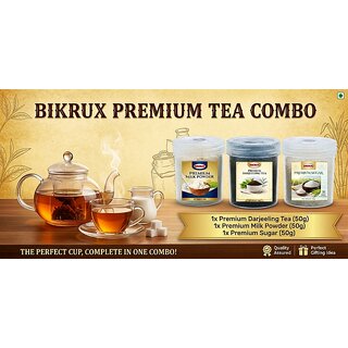 BIKRUX Premium Tea Essentials Combo Set Darjeeling Tea, Milk Powder Sugar (50g Each Jar) view 2