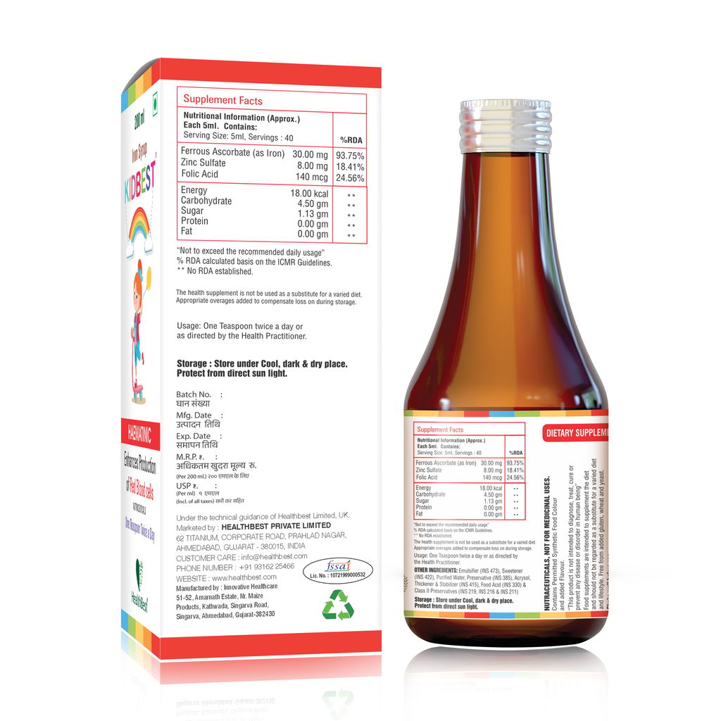 HealthBest Kids Iron (Haematinic) Syrup | Zinc | Folic Acid - 200ml view 2