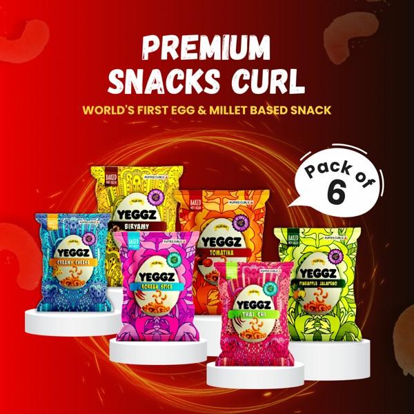 YEGGZ Combo (Korean Spice, Creamy Cheese, Biryamy,Tomatina, PineApple Jalapeno, Thai Chi) Puffed Curls - Crispy Snacks (Pack Of 6) view 2