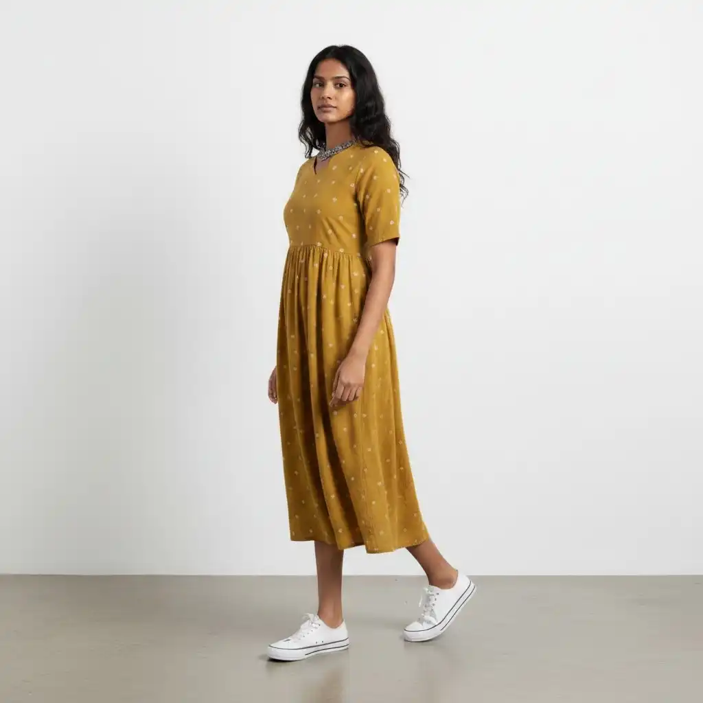 Mangalgiri South Cotton Kurti in Mustard with Screen-Printed Buti view 2