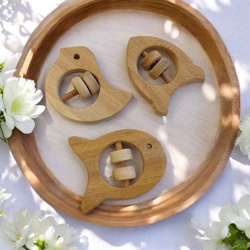 Neemtoys Neem Wooden Beautiful Rattle Toys with Multiple Textured Surface Dove, Fish and Rocket Shapes Sound Making Toys for Toddlers Toy for Babies (Brown) view 2