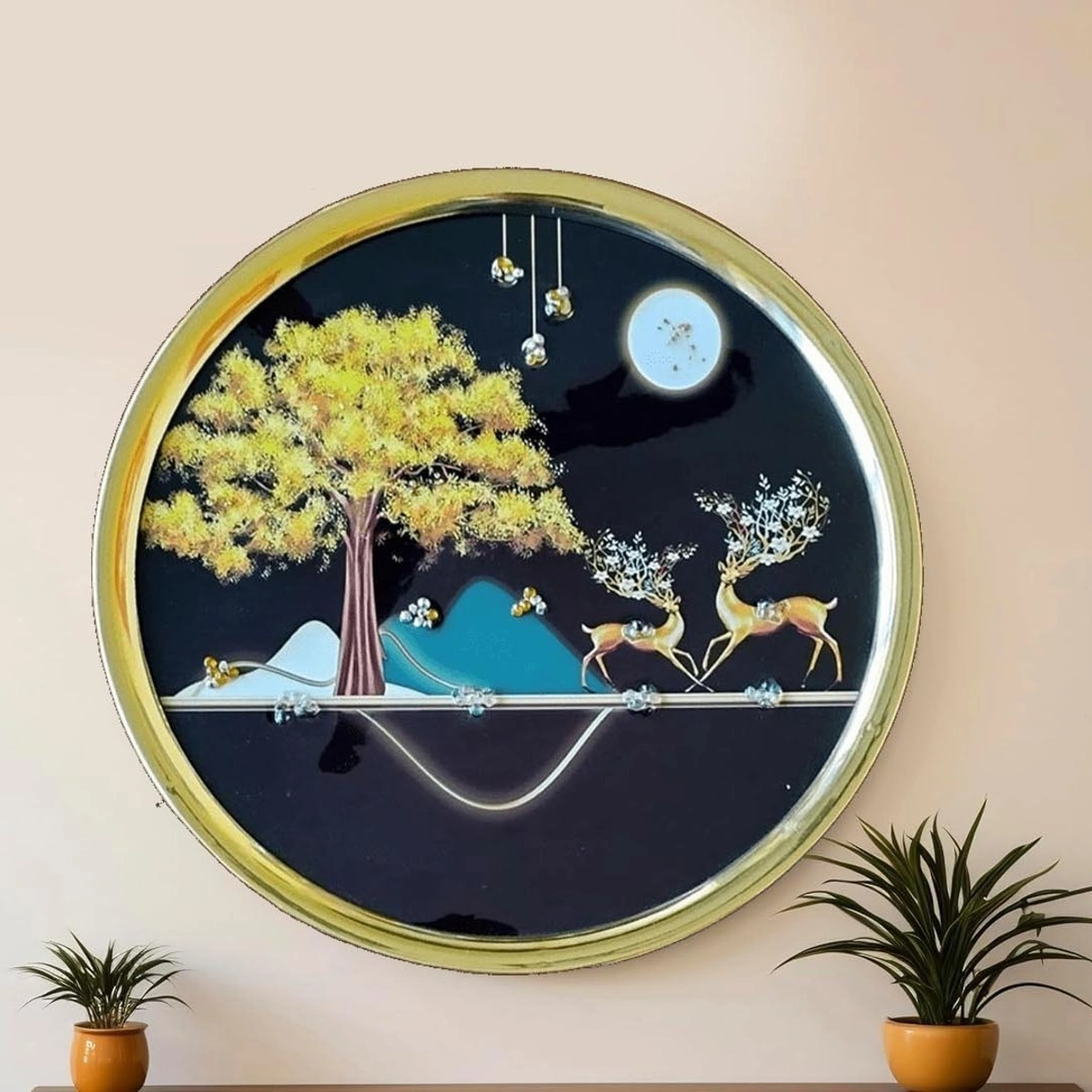 Crystal Wallart Deer Scenery 29 x 29 cm round shaped crystal wall art painting with golden frame C view 2