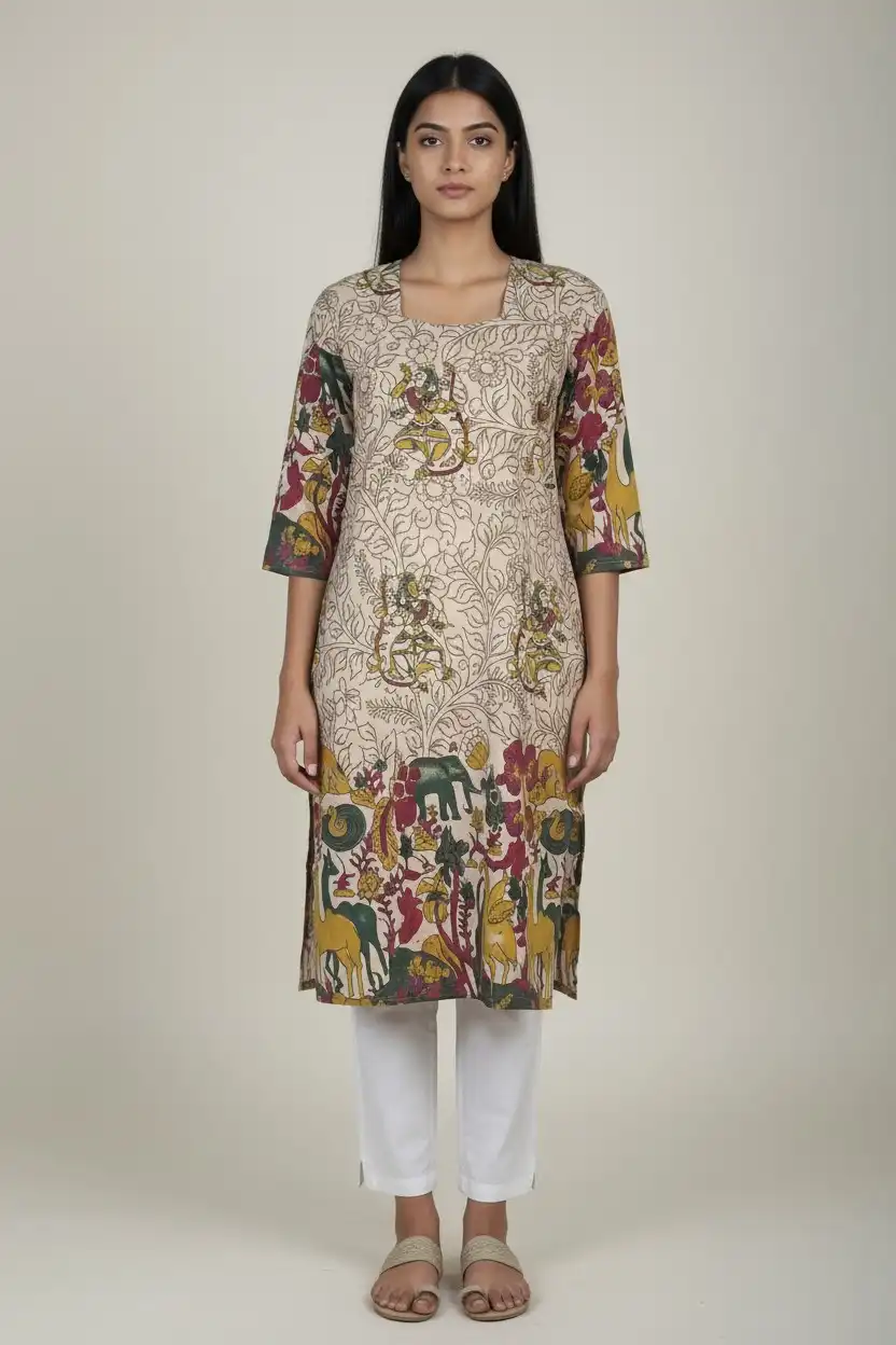 Pedana Kalamkari Screen-Print Cotton Kurti with Vine Border
