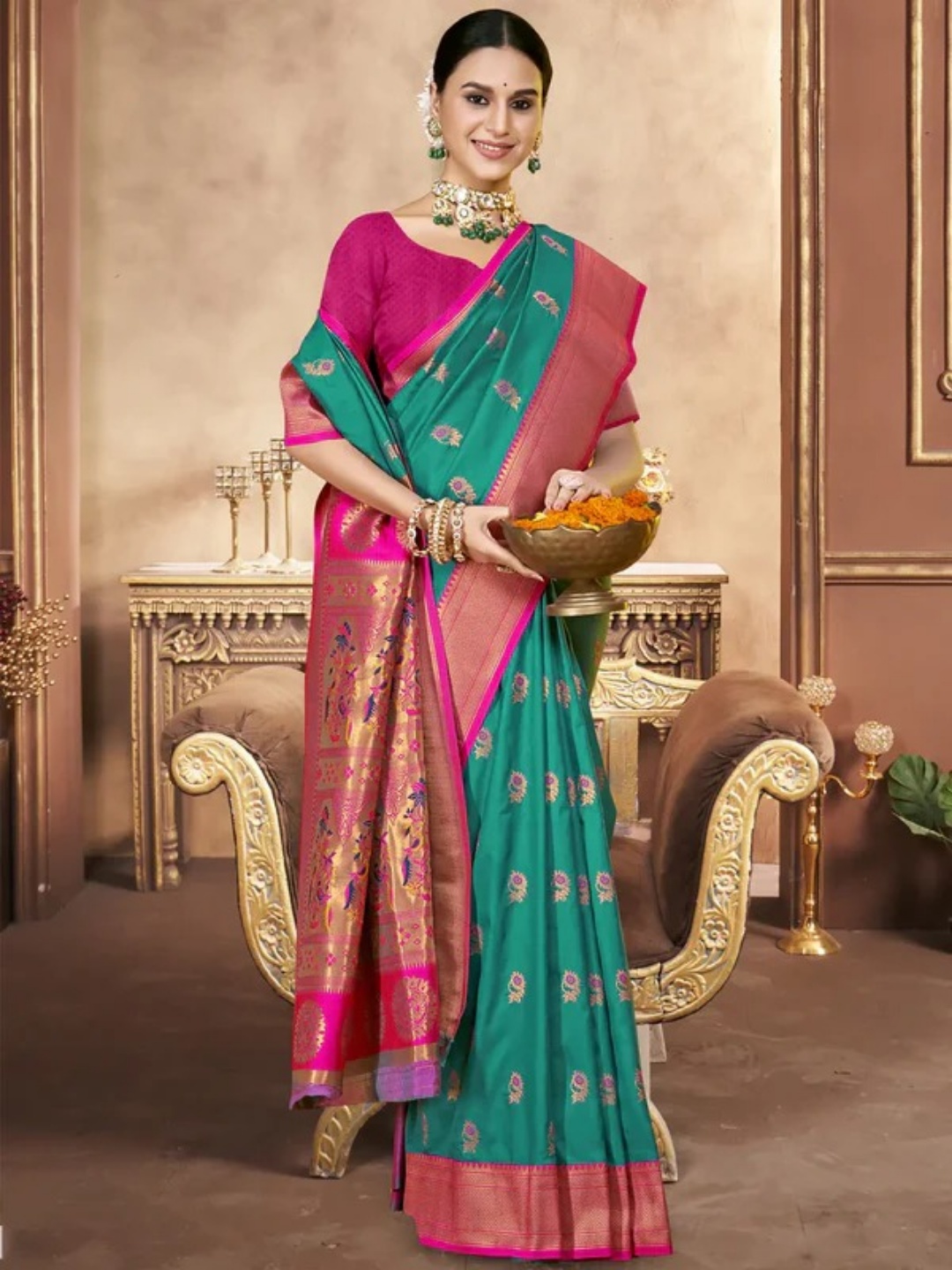 Teal Blue Silk Saree view 2