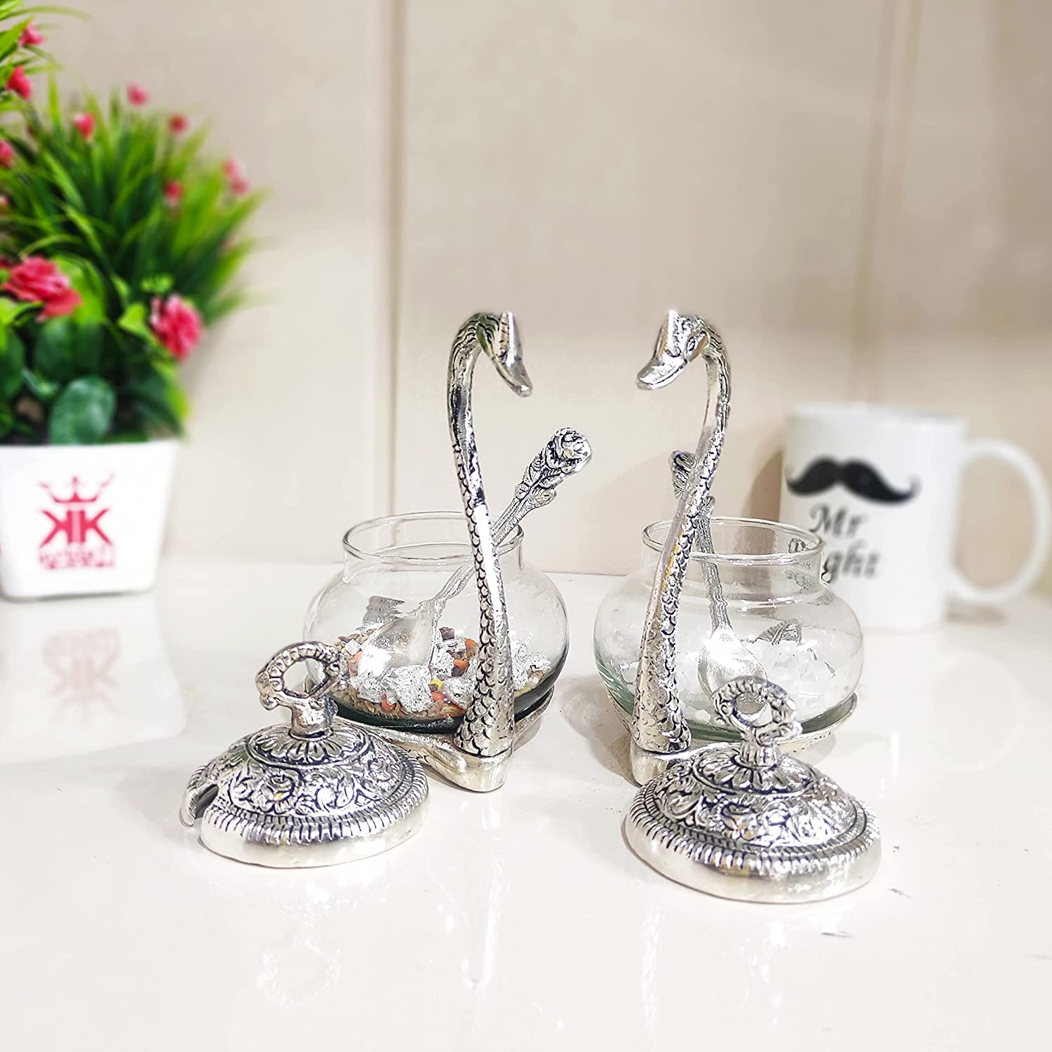 Dreamkraft Metal Kissing Swan (Duck) Glass Bowl with Spoon for Saunf Supari Tray, Dry Fruit and Candy, Mukhwas Traditional Serving Bowl Set (Silver - 12 x 9 x 15 cm) view 2