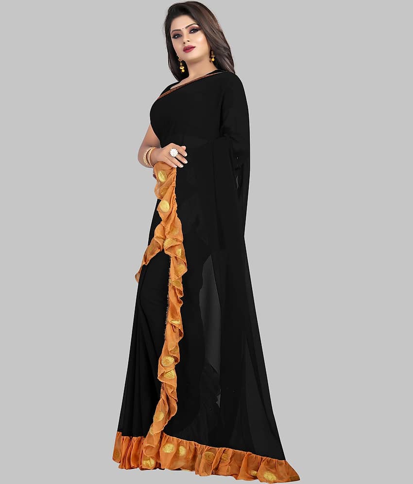 Fashionday Georgette Solid Saree With Unstitched Blouse Piece ( Black ) view 2