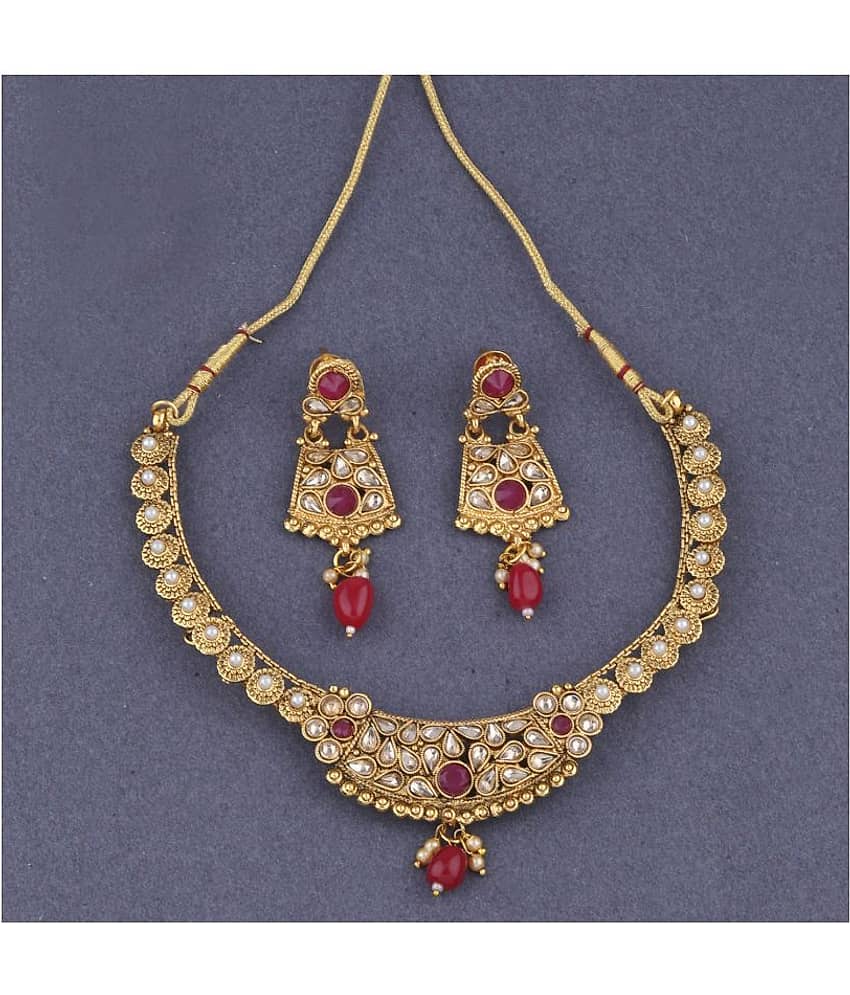 Silver Shine Exclusive Traditional Gold Plated Red Kundan stone studded Bead Drop Designer Bridal Wedding Necklace Jewellery Set for Girls And women view 2