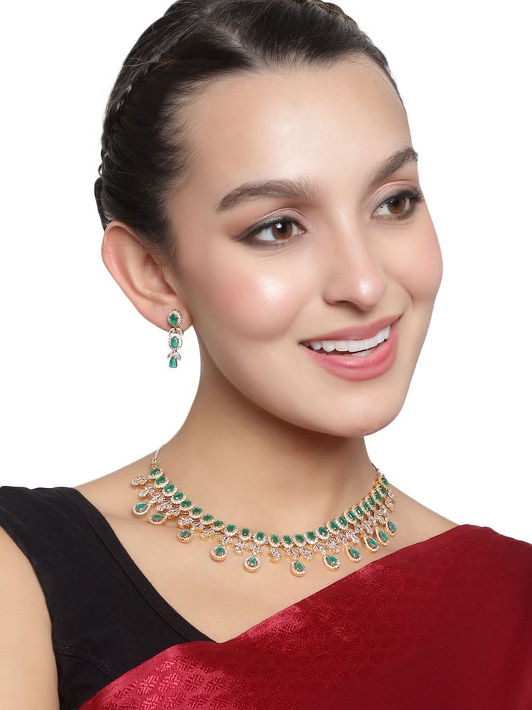 Green Color Stone Gold Plated American Diamond Choker Necklace Set view 2