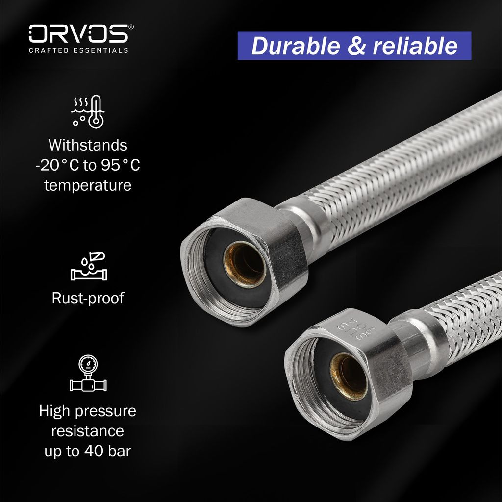 Orvos Connection Pipe 24 Inches Premium 304 Stainless Steel for Hot & Cold Supply To Geysers, Sinks, Basins and Flush Tanks, Set of 2 view 2