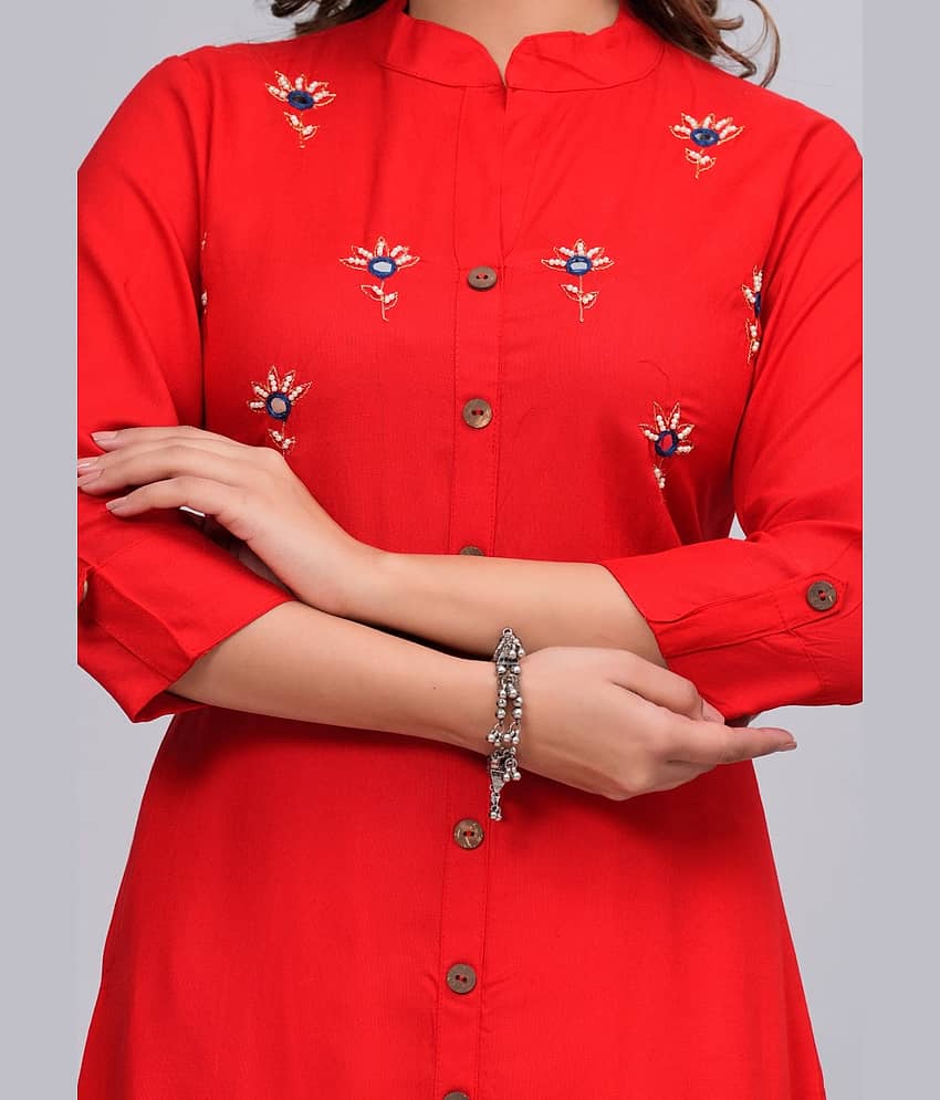 MAUKA Rayon Embroidered Front Slit Women's Kurti - Red ( Pack of 1 ) view 2