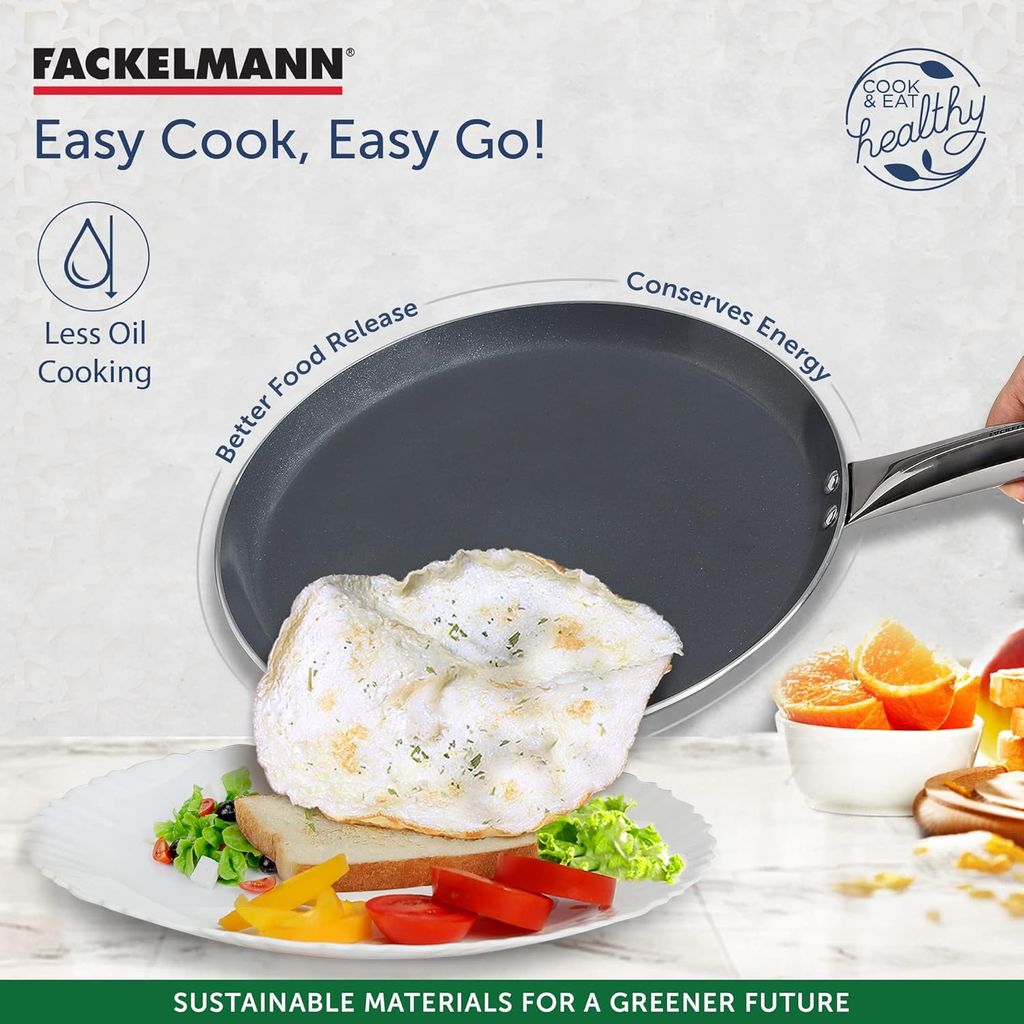 FACKELMANN Ceramic Nonstick Flat Tawa Pan 28cm | German Technology | Non-Toxic| PFOA, BPA & Nickel-Free | Induction Base - All Stoves | Even Heating, Easy Release | Parantha, Pancakes, Cheela, Dosa view 2
