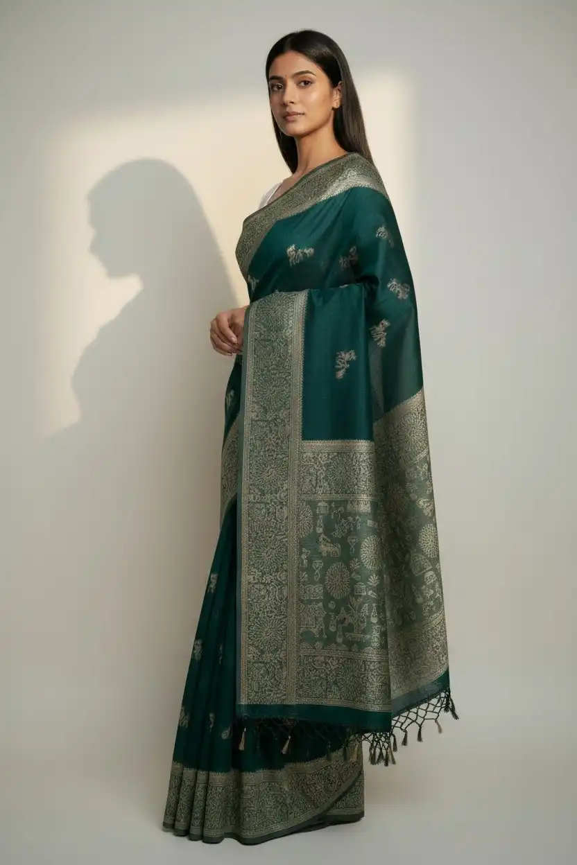 Saura Art Cotton Saree Deep Teal Narrative Pallu view 2