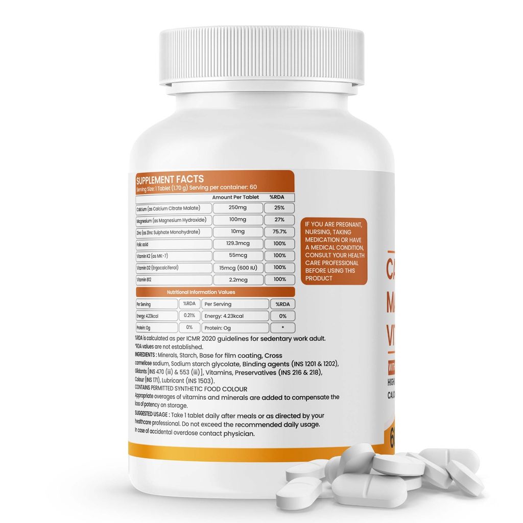 Dr Patkar’s Calcium Citrate Malate, Zinc, Magnesium, Vitamin D2 + K2 MK7 with Folic Acid & Vitamin B12 Tablets – Strong Bones, Immunity & Energy Support – Vegetarian Supplement - 60 Tablets view 2