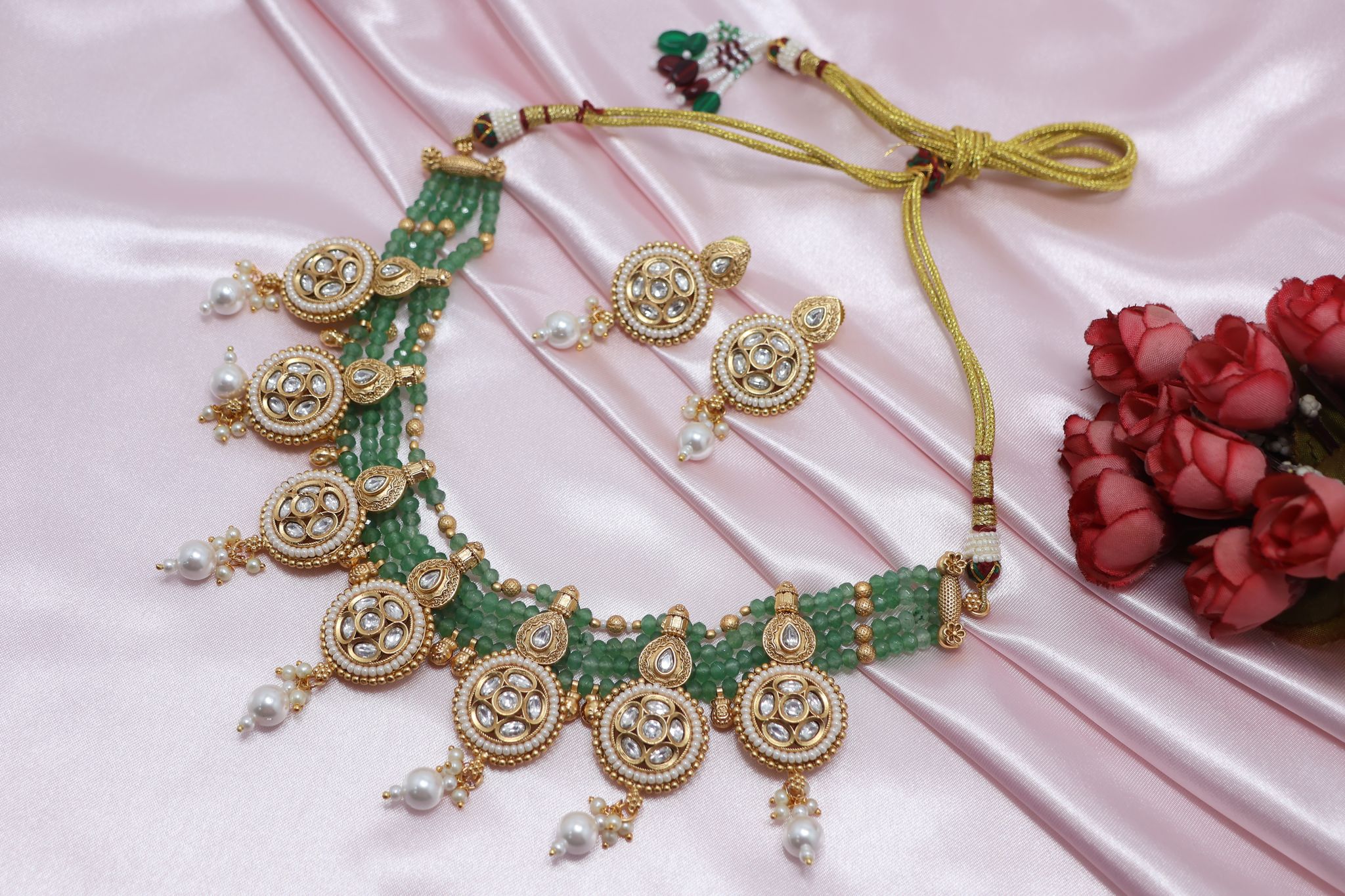 Kundan & Pearl Gold-Plated Green Beaded Choker Necklace Set with Earrings