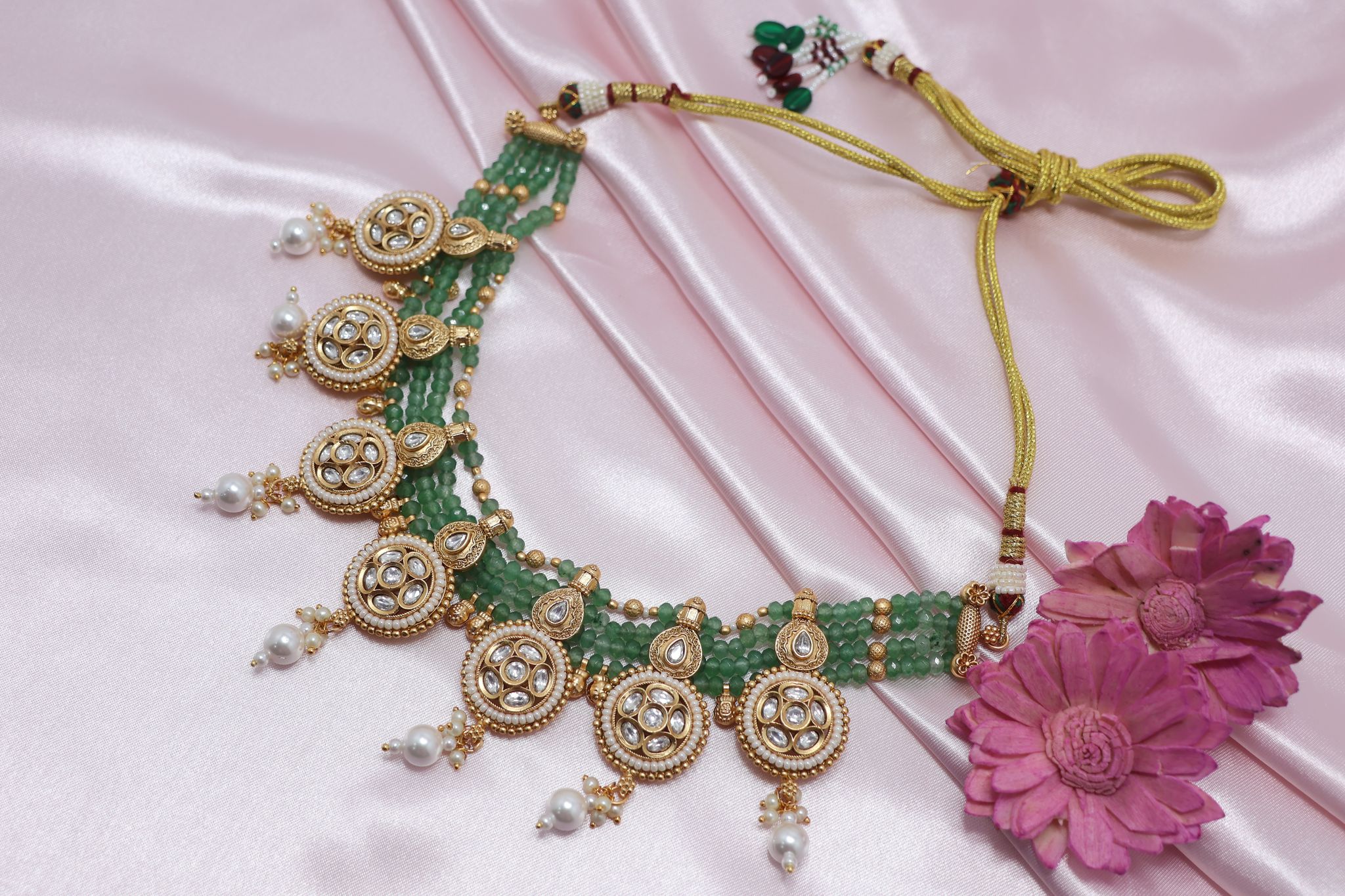 Kundan & Pearl Gold-Plated Green Beaded Choker Necklace Set with Earrings view 2