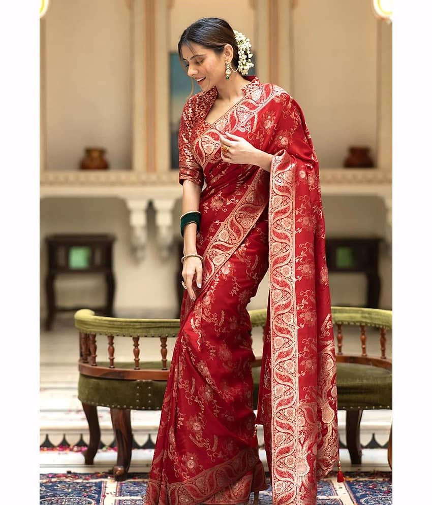 YUG ART Banarasi Silk Embellished Saree With Unstitched Blouse Piece ( Rama ) view 2