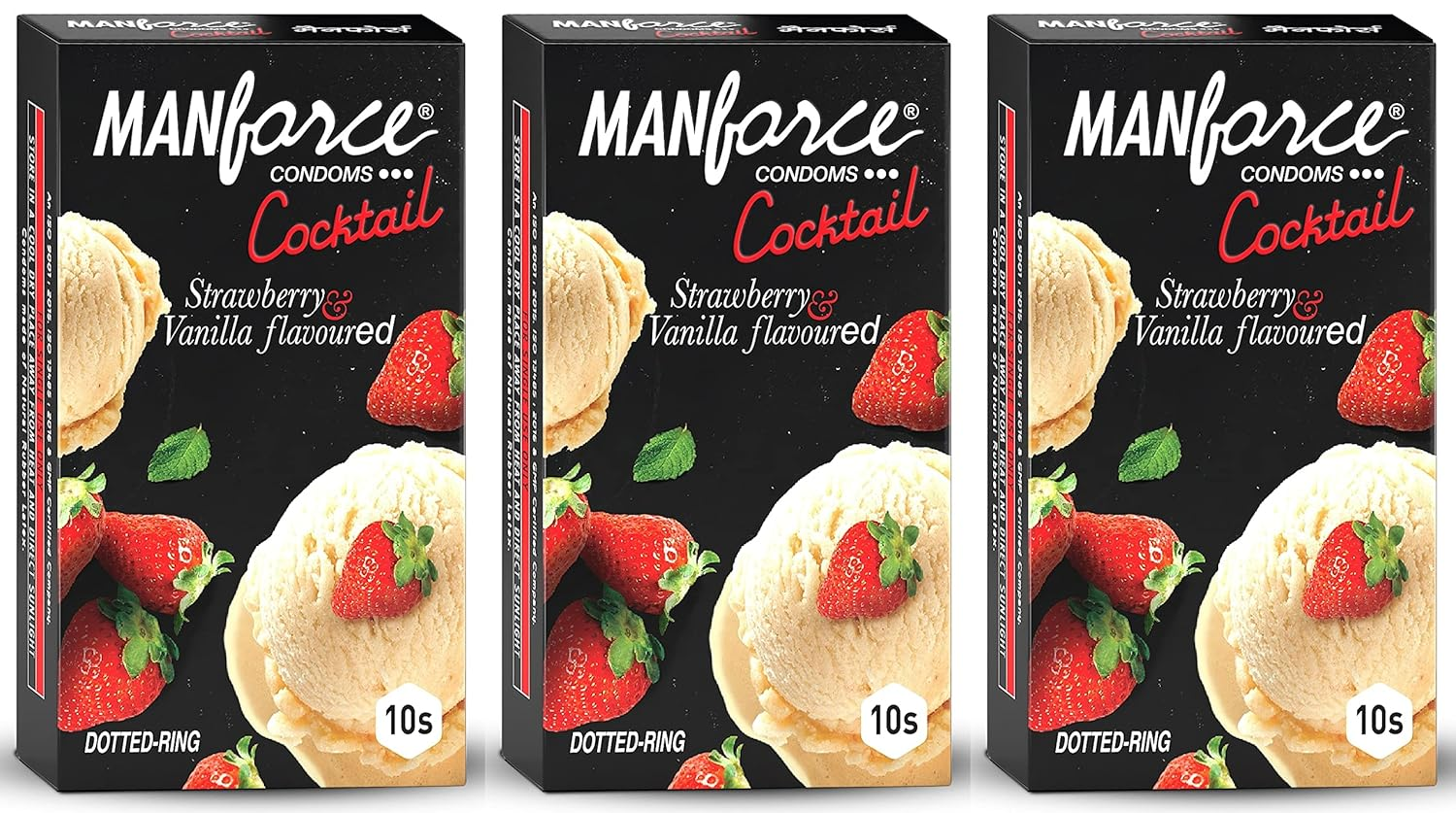 MANFORCE Cocktail Condoms with Dotted-Rings Strawberry & Vanilla Flavoured- 10 Pieces x Pack of 3 Condom (Set of 3 30 Sheets) view 2
