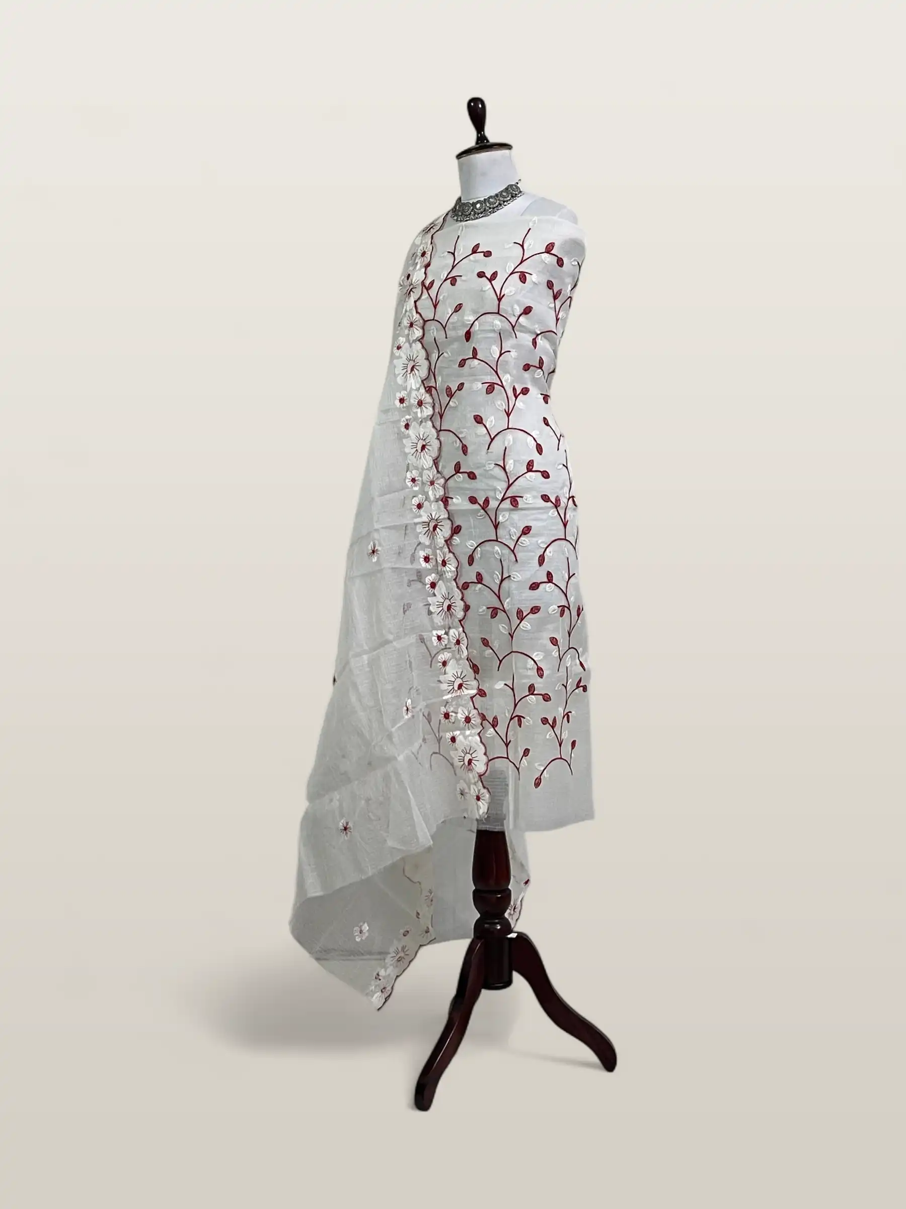 Kota Doria Dress Material Crimson Red Floral Vine view 2