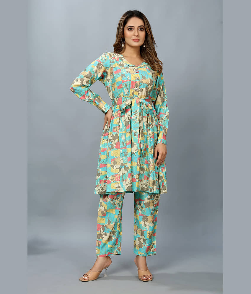 SARRAS Women Printed A-line Kurti With Pants ( Blue )