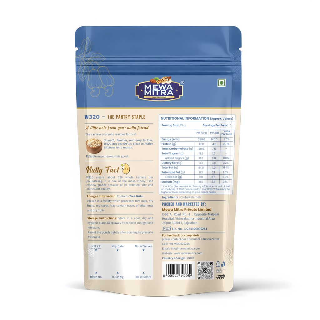 Mewa Mitra Prime Cashews W320 250g | Premium Whole Kaju | Natural High Protein Dry Fruits view 2